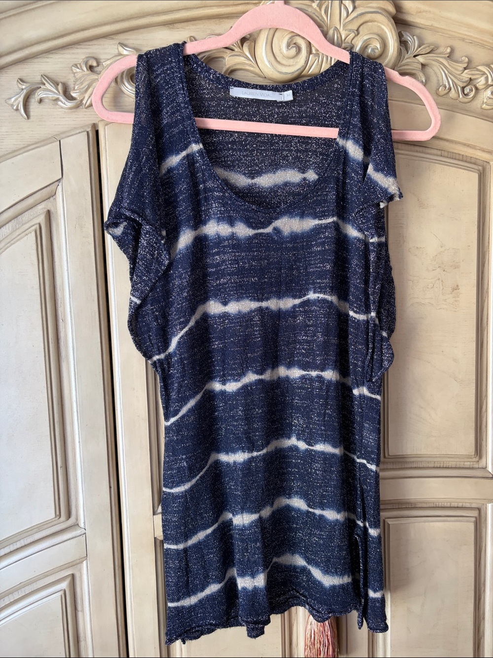 Lauren Vidal Navy Blue and White Tie-Dye Short Sleeve Top